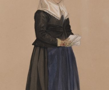 Malung. Kyrkdrägt Kvinna i kyrkdräkt. Akvarell av P Södermark 1850.